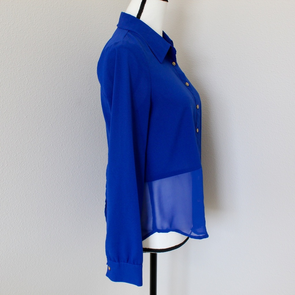 Royal Blue Sheer Panel Split Tail Button Down Shi… - image 4